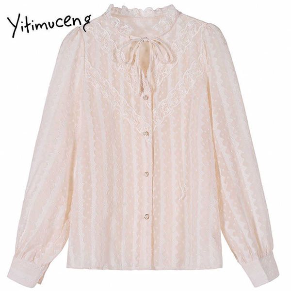 Yitimuceng Bogen Spitze Up Button Bluse Frauen Shirts Solide Frühling Mode Koreanische Langarm V-ausschnitt Einreiher Tops 210601