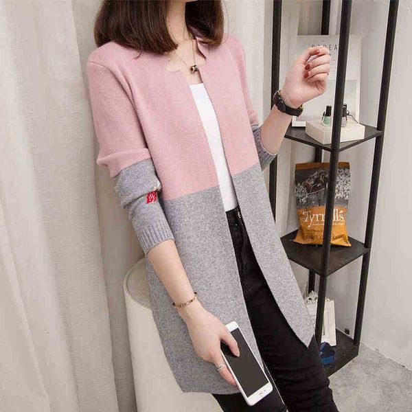 

women's knits & tees long cardigan women knitted sweater spring autumn colorblock sleeve knitwear korean loose cardigans swe dhrr, White