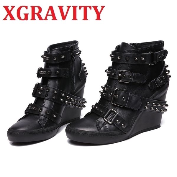 

luxury autumn height increasing leather booties women fashion lace up rivets high heels shoes fashion boots lady shoes c334 210429, Black