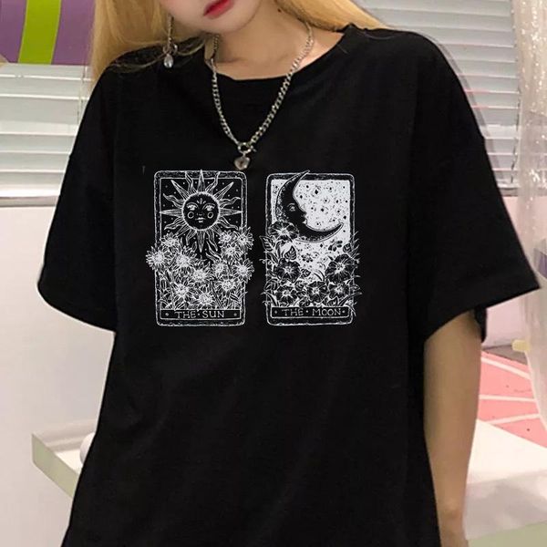 

women's t-shirt vip hjn the tarot cards sun&moon t shirt women vintage drak printing graphic gothic casual punk harajuku street style, White