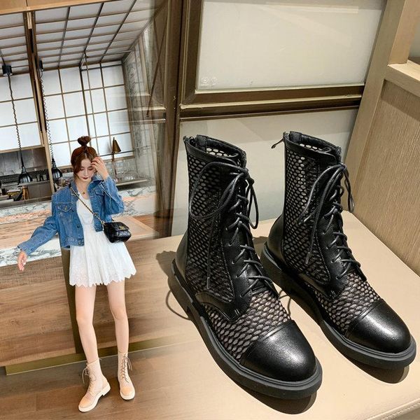

boots patchwork pu leather mesh ladies pumps lace up zipper cool 2021 casual round toe square heel women shoes size 34-43, Black