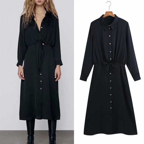 

women summer vintage za shirts dress long sleeve bow tie solid high waist satin female elegant fashion street dresses vestidos 210513, Black;gray