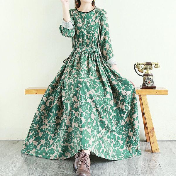 

casual dresses 2021 arrival print floral long autumn dress cotton linen draw string slim office lady work women spring, Black;gray