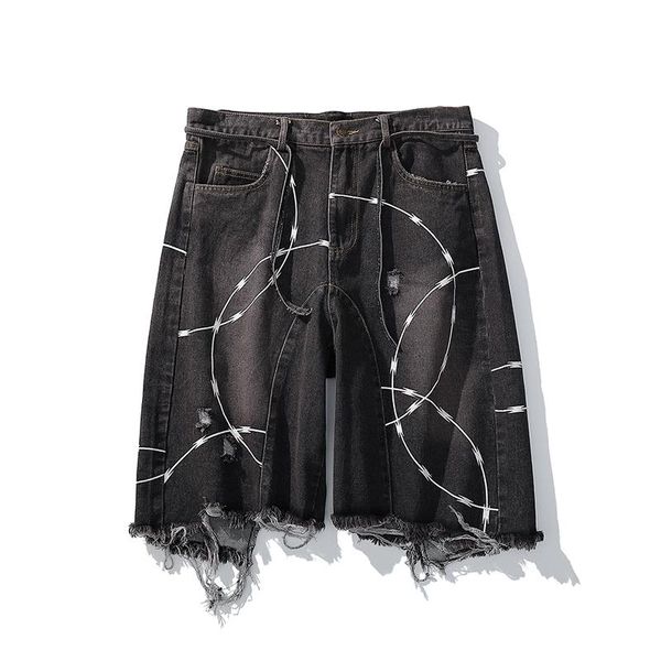 

original cut and ragged baggy ripped jeans shorts straight washed loose harajuku streetwear denim oversize for men men's, White;black