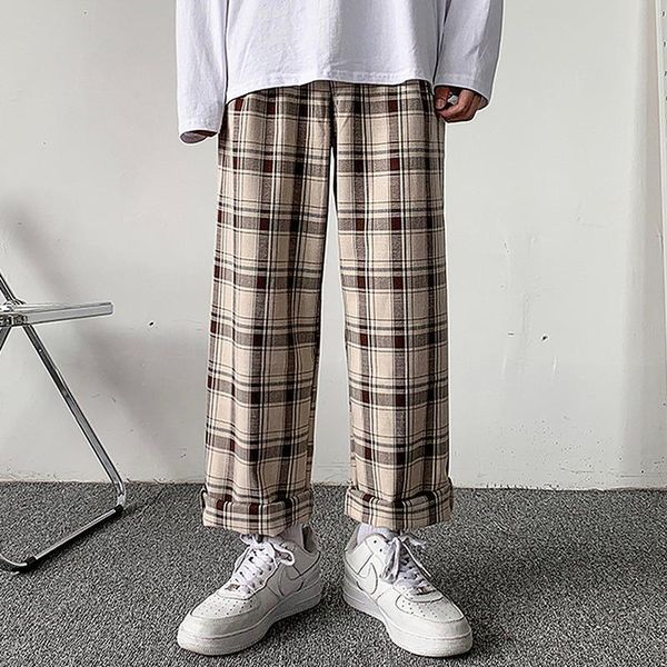 

men's pants wenyujh men plaid loose comfortable retro casual all-match elastic waist chic wide leg trousers streetwear korean style, Black