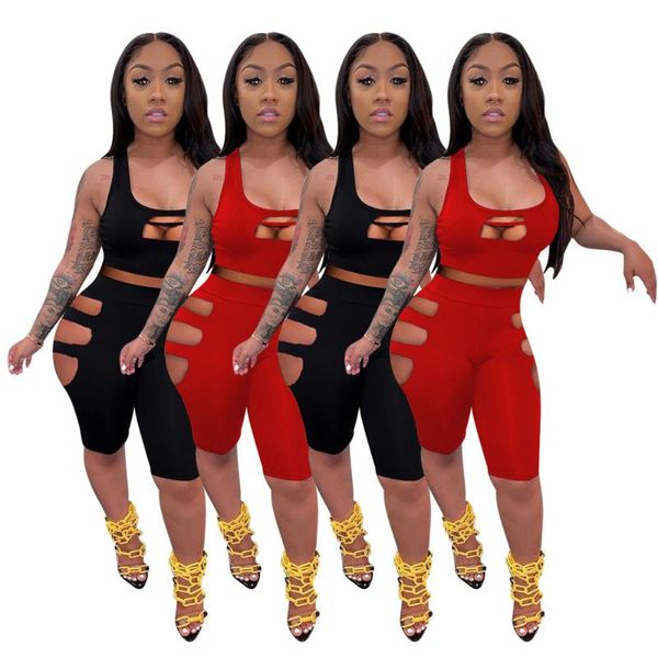 

women's tracksuits s-2xl summer fashion shorts two piece set women hole solid color and wholesale drop, Gray