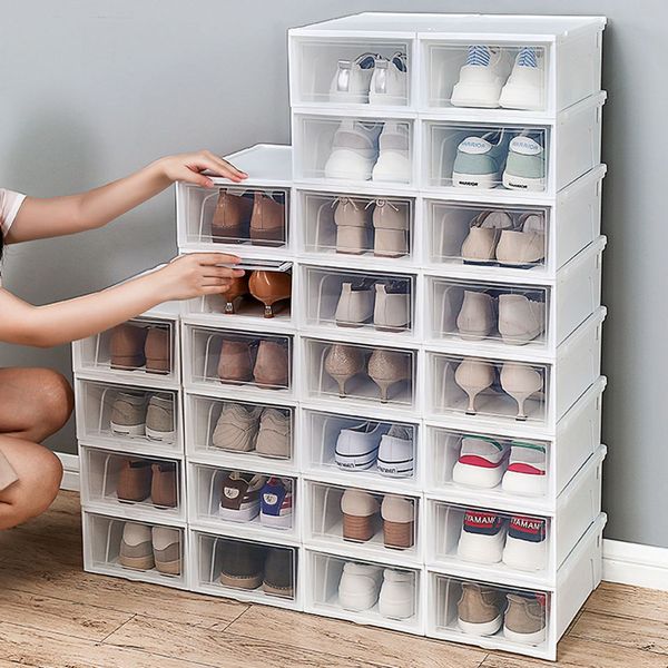 Scatola per scarpe trasparente da 200 pezzi 33 * 23 * 14 cm Custodia pieghevole in plastica trasparente Display per organizer Combinazione sovrapposta Contenitori per scarpe Scatole per armadi Trasporto in barca