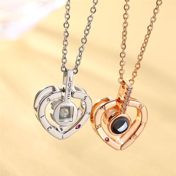 

pendant necklaces 100 languages i love you projection necklace women rose gold&silver color romantic heart memory wedding