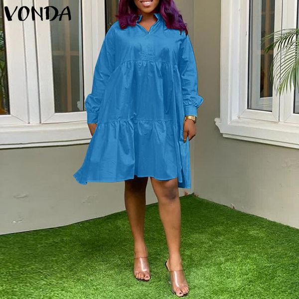 

casual dresses office knee-length dress 2021 vonda summer spring women beach sundress long sleeve party vestidos oversized, Black;gray