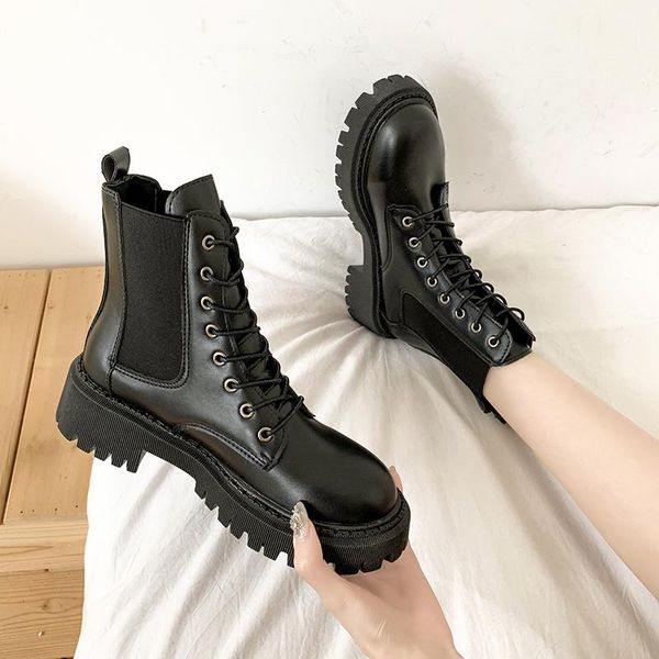 

boots rock shoes woman lolita round toe lace up luxury designer boots-women ladies med rubber autumn ankle leather black riding