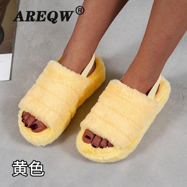 

slippers 2021 autumn and winter open-toed thick-soled elastic band beef tendon bottom hairy shoes women, Black