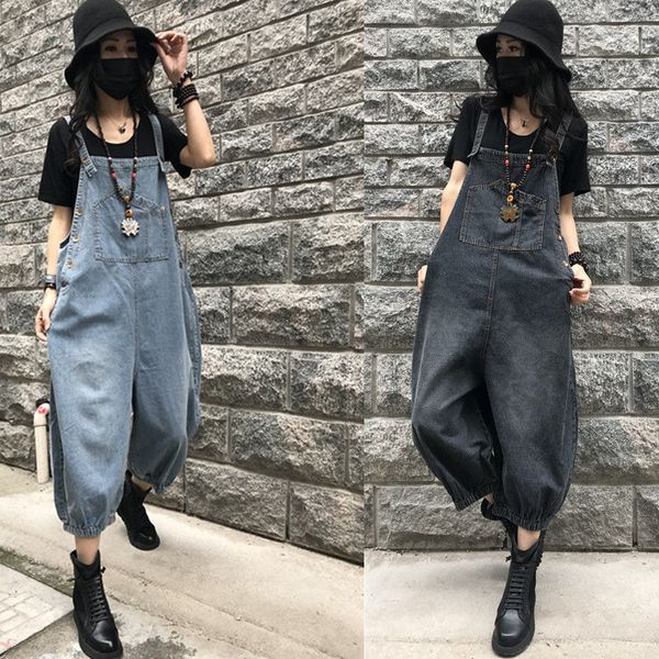 

women's jeans cool denim overalls large size autumn casual loose vintage wide leg jumpsuit calf-length pants mom high waist qjsz, Blue
