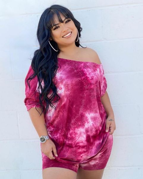 

tie-dye printing women slash neck two piece sets fashion plus size half sleeve loose t-shirts skinny biker shorts casual outfit women's, Gray