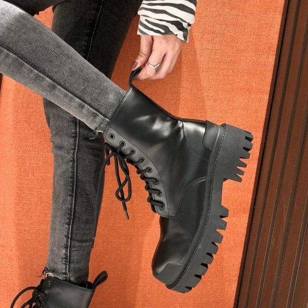 

boots shoes women's autumn/winter ankle wear thick-soled fashion vintage botas de mujer, Black