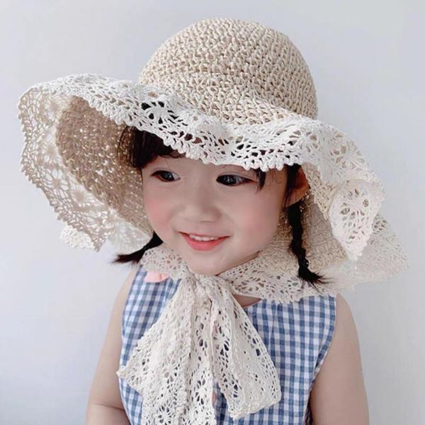 

caps & hats children's sun hat lace all-match breathable kids straw for outdoor fisherman wide brim princess travel sunshade, Yellow