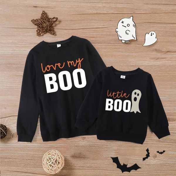 

family matching outfits halloween parent-child round neck long sleeve boo print casual fashion t-shirt mom and kids1, Blue