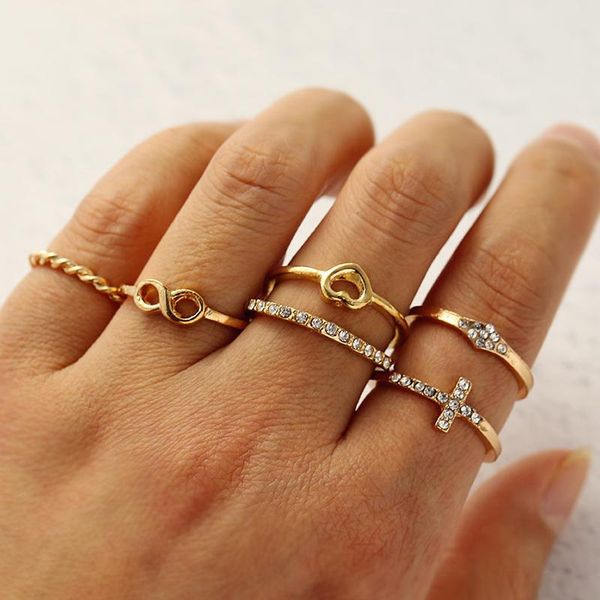 

cluster rings geometry intersect crystal set for women girls heart engagement wedding 2021 female party jewelry gift, Golden;silver