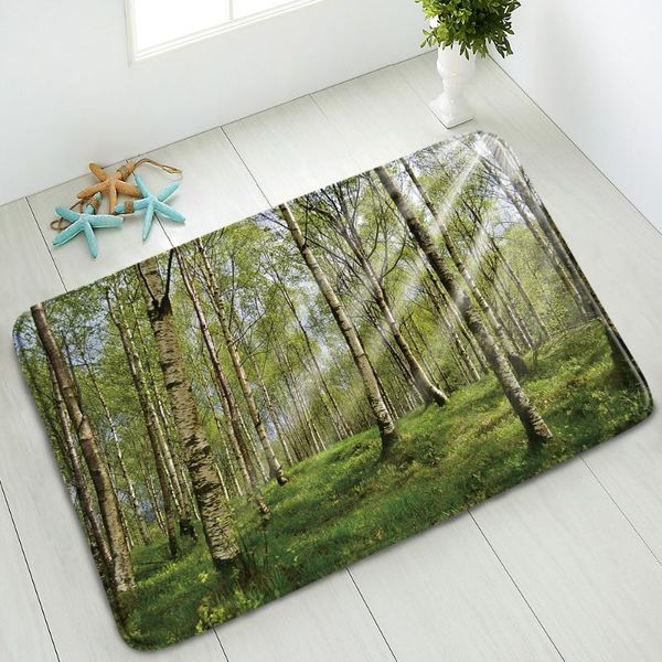 

bath mats green forest non-slip bathroom mat natural scenery trees plants flowers sunlight indoor entrance doormat absorbent home carpet