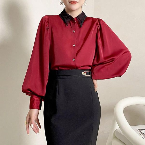 

women's blouses & shirts contrasting colour double layer collar blusas mujer office lady autumn solid lantern long sleeve shirt wo, White