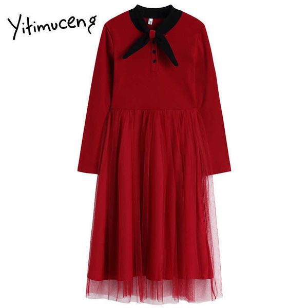 Yitimuceng Red Midi Dress Mulheres Moda Moda Primavera Sólida Vintage A-Linha Alta Cintura Manga Longa Escritório Senhora Casual 210601