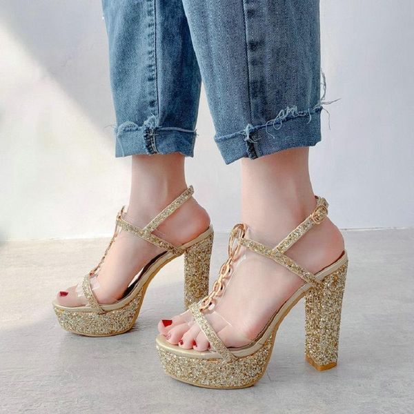 

sianie tianie 2021 glitter bling woman party wedding shoes t-strap platform block high heels women sandals plus size 33-46, Black