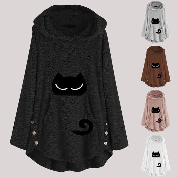 

women's hoodies & sweatshirts plus size womens fleece cat embroidery warm hoodie sleeve hoody ladiesbutton autumn winter long *8, Black
