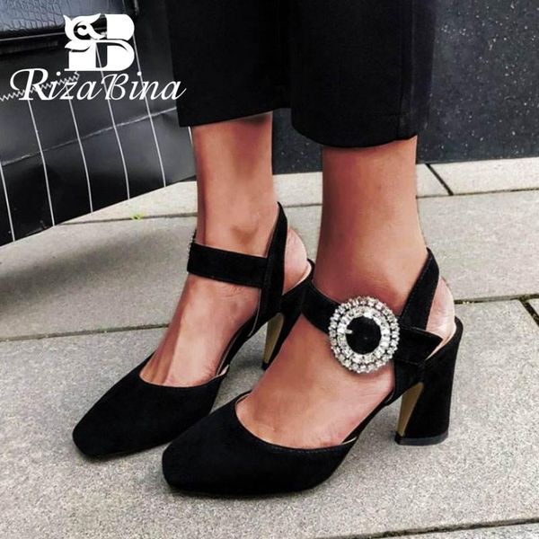 

dress shoes rizabina women high heel sandals real leather rhinestone buckle summer retro square toe wedding footwear size 34-39, Black