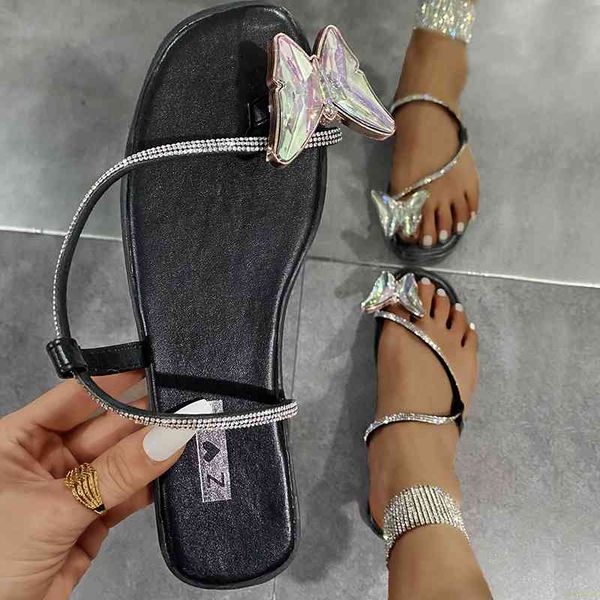 

2021 retro women slippers summer outdoor beach flip flops flat ring toe butterfly decoration rhinestone strap ladies shoes 823, Black