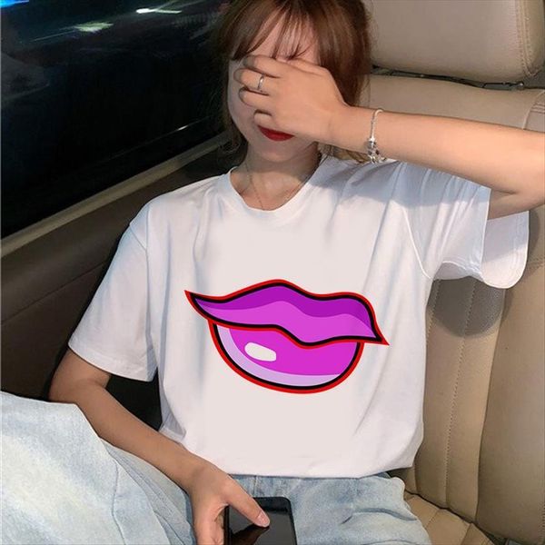 

cartoon big red lips love women t shirt printing basic o neck short sleeved ladies white kawaii graphic girl