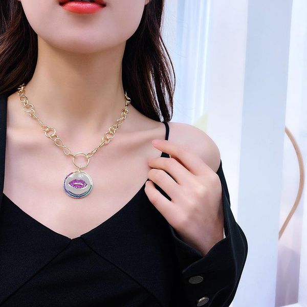 

pendant necklaces 2021 fashion muiltcolor zircon red lip necklace exaggerated choker chain with round women sweater, Silver