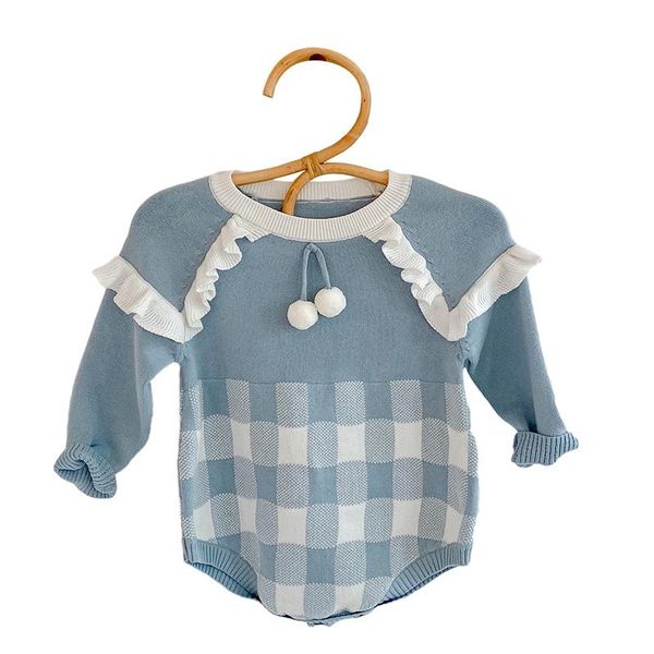 

baby girl romper spring clothes cotton plaid cute pom toddler infant kids onesie 1 pc jumpsuits, Blue
