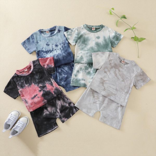 

summer kids toddler baby boys girls outfit tie dye short sleeves t shirt elastic waist shorts clotehs set, White