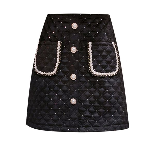 

skirts chic winter spring elegant formal women french sequins lattice cotton double pocket a-line skirt, Black