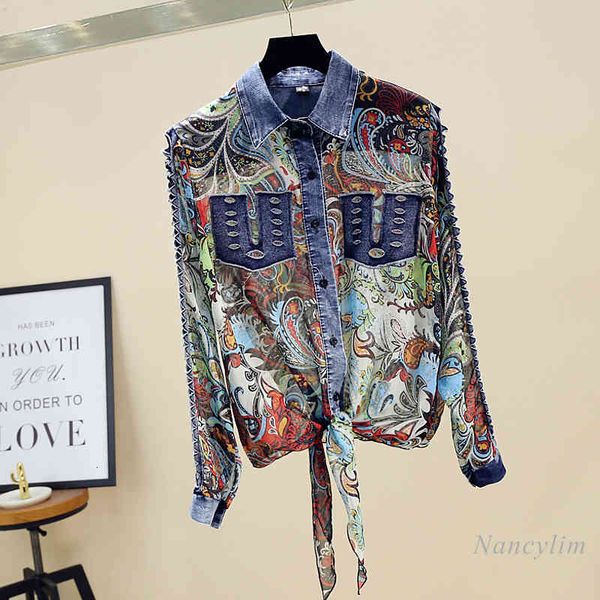 

blouses denim pacth chiffon blouse women spring summer korean style printing long sleeve shirt bow tie hem lady blusas, White