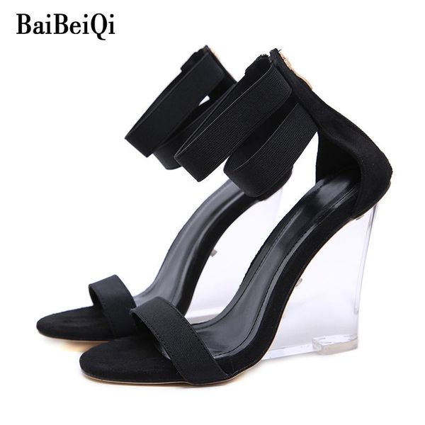 

baibeiqi pionted head sandals transparent wedges women zipper high heels shoes open toe clip-on high-heeled, Black