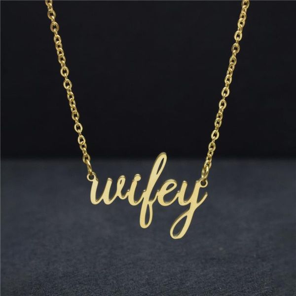 

chains my wife charm stainless steel text script wifey necklace for women collier femme gold pendant friends trendy jewerly, Silver