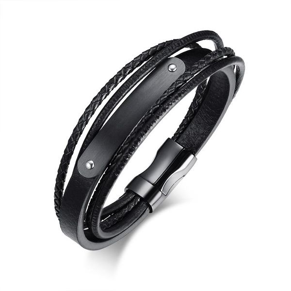 

link, chain genuine leather bracelets bangle rope braid magnetic clasp punk multi-layer braclet men accessories jewelry hand cuff, Black