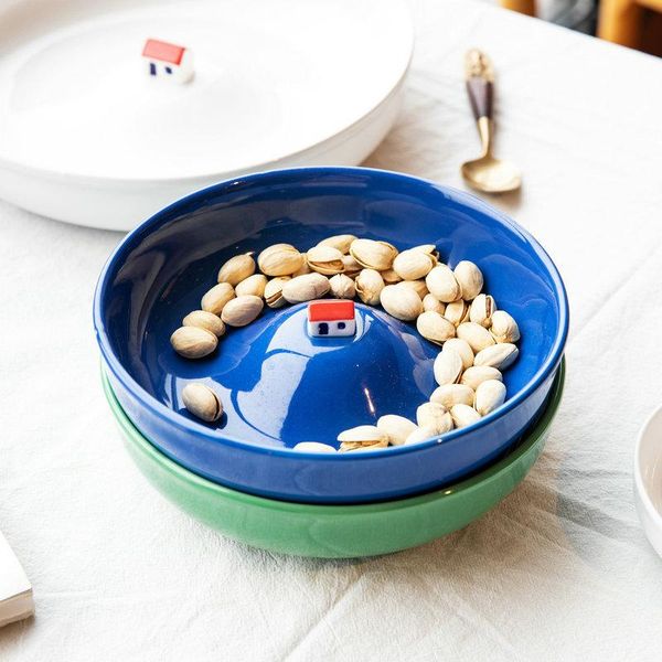 

bowls household tableware ceramic fruit salad utensils for kitchen plates soup dessert snack ramen bowl with red house white