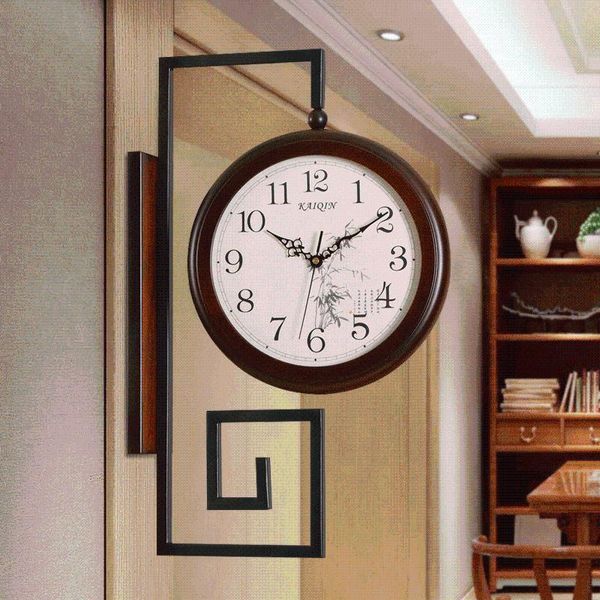 

double sided wall clock chinese creative art mute wood quartz reloj pared grande living room decoration dj60wc clocks