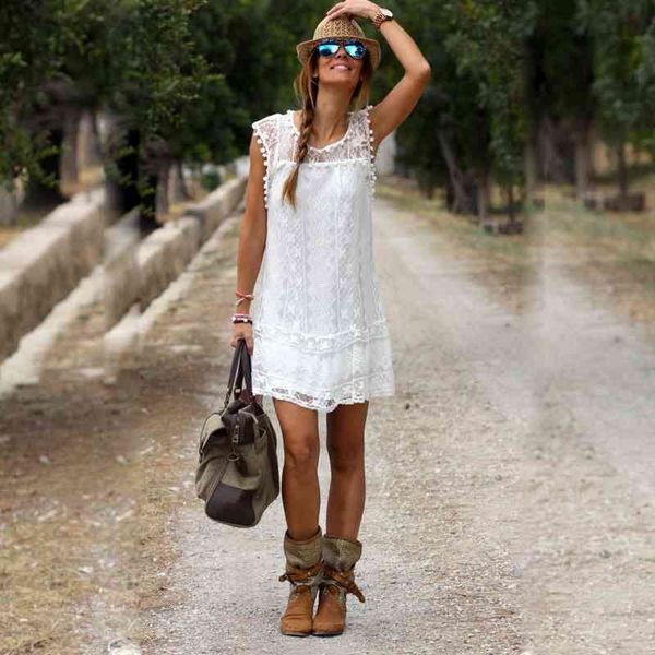 

white lace dress elegant women beach dresses summer ladies short sleeve ruffles floral hollow out mini 210603, Black;gray