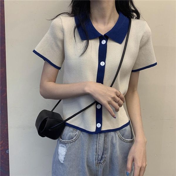 

women's t-shirt contrast color college style breasted short sleeve knitted cardigan female summer 2021 student casual shirt, White
