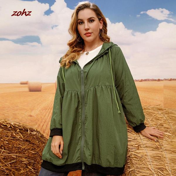 

women's trench coats plus size windbreaker coat women spring fall fashion hooded drawstring zipper jacket army green loose oversized ou, Tan;black