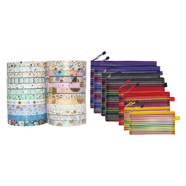 

pencil bags 24 rolls washi tape sticker scrapbooking adhesive paper japanese & 8x zipper file pouch mesh bag