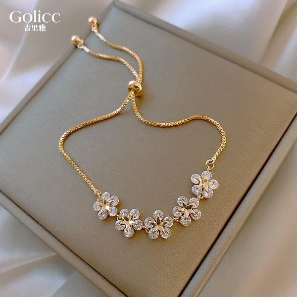 

korean design fashion jewelry bracelets high-endluxury flower zircon adjustable female prom party bracelet charm, Golden;silver