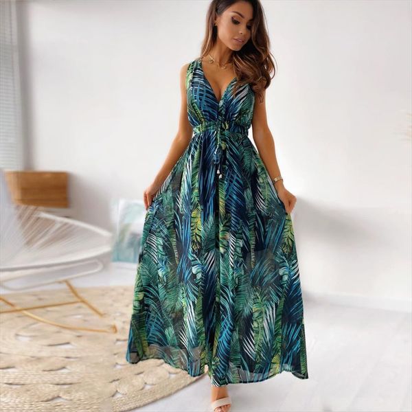 

summer print backless womens dress lace up long fashion deep v neck maxi dresses bohemian beach vacation sundress, Black;gray