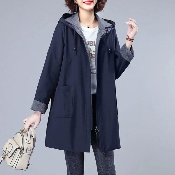 

women's trench coats age-reducing loose temperament jacket hooded middle long coat zipper pocket windbreaker female overcoat l-4xl, Tan;black