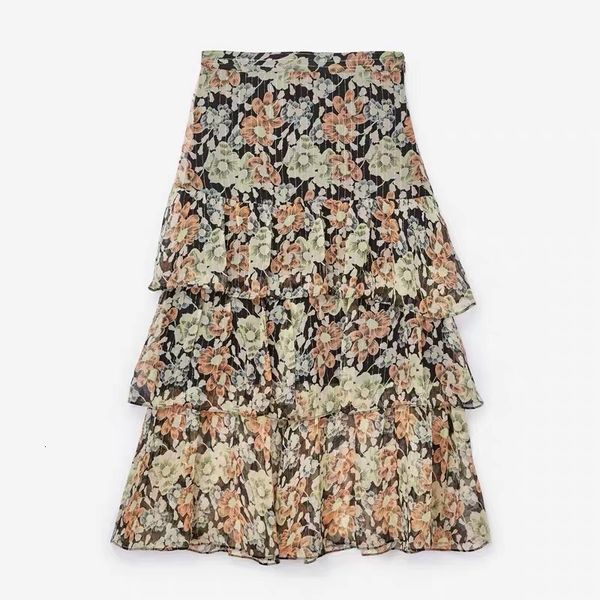 

skirt 100% silk women floral printing ruffles midi gold printed ub9k, Black