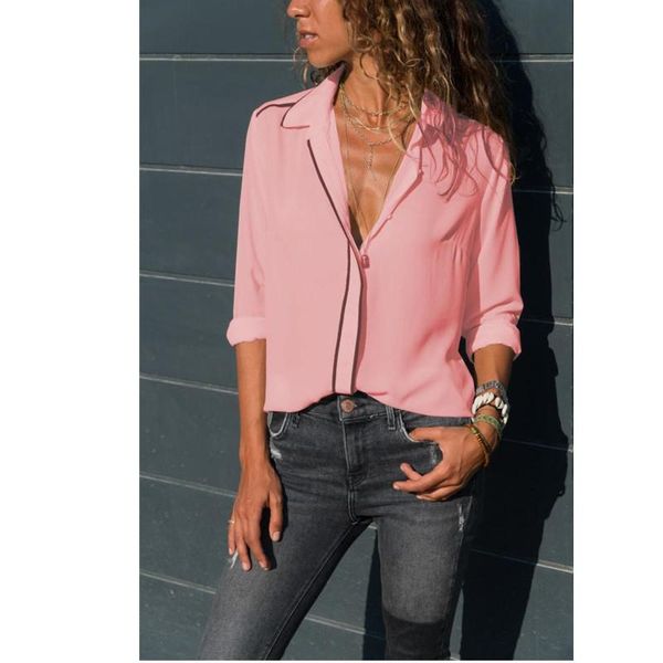 

women's blouses & shirts long sleeve solid color white blouse women office lady 2021 chiffon turn-down collar v-neck button up shirt l