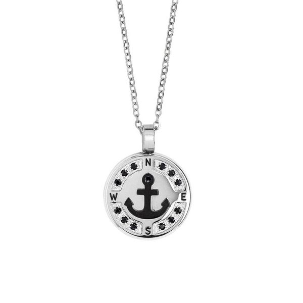 

pendant necklaces runda retro men's anchor necklace rudder compass enamel round stainless steel jewelry boyfriend holiday gift, Silver