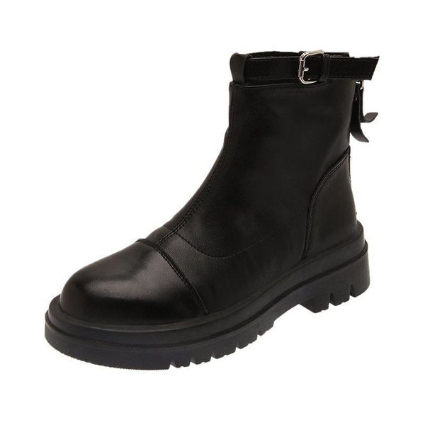 

boots retro soft comfort chunky med heels motorcycle ankle women genuine leather buckle shoes black brown